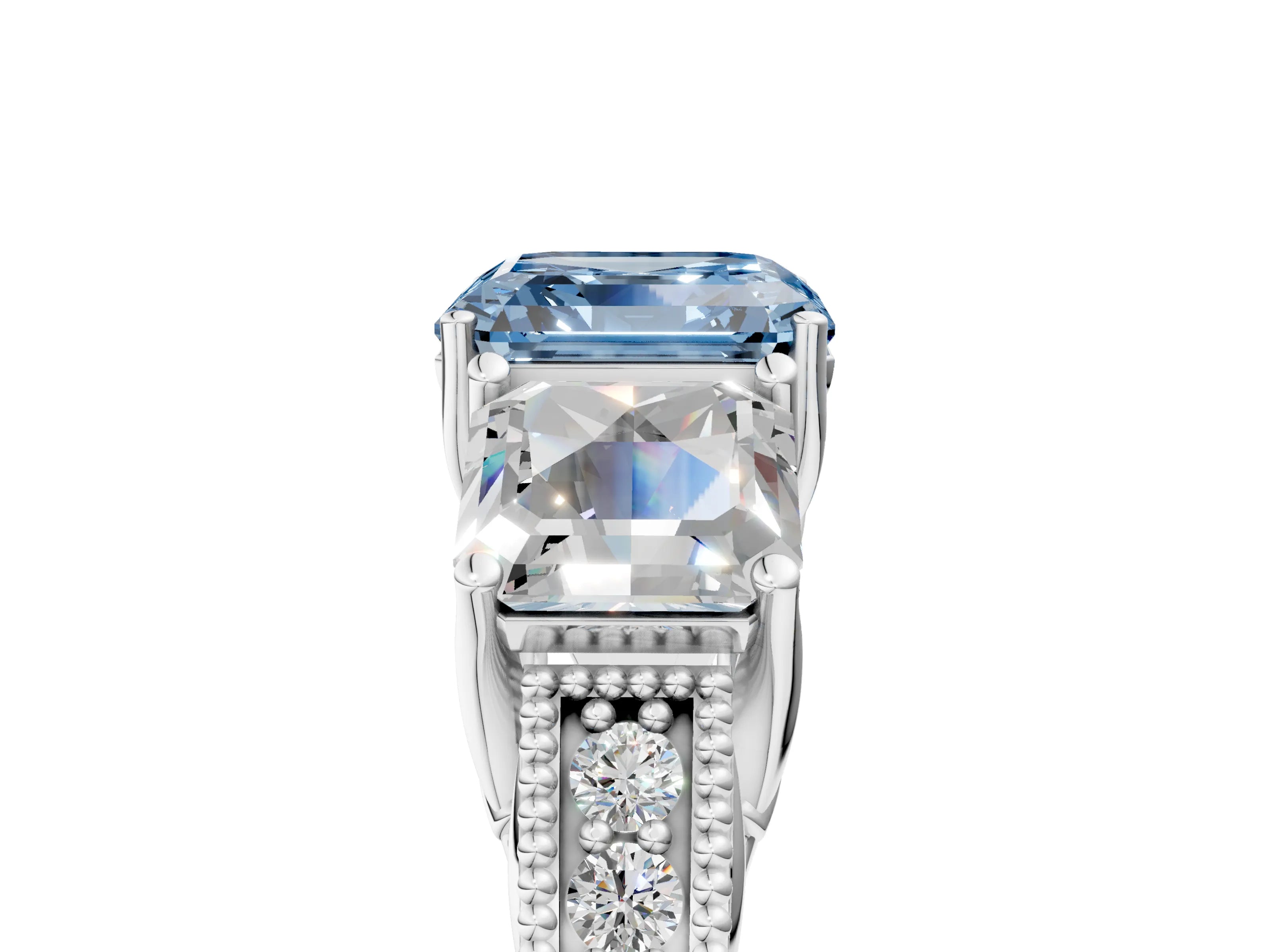 White gold Three-Stone Fancy Blue Asscher Cut Cut Milgrain Pavé Engagement Ring_17