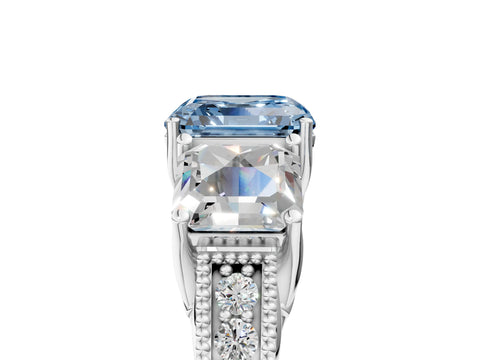 White gold Three-Stone Fancy Blue Asscher Cut Cut Milgrain Pavé Engagement Ring_17