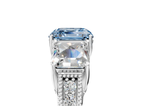 White gold Three-Stone Fancy Blue Asscher Cut Cut Milgrain Pavé Engagement Ring_17