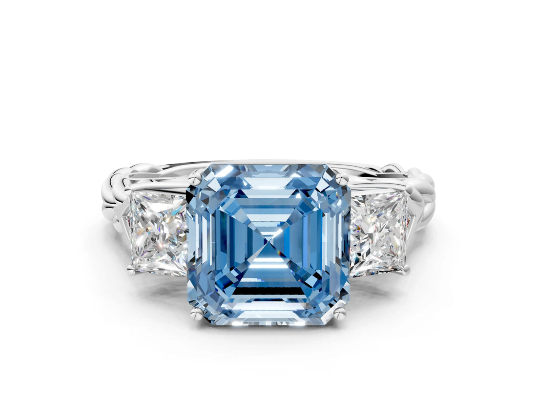 White gold Three-Stone Fancy Blue Asscher Cut Diamond Braided Band Ring with Four-Prong Setting_50