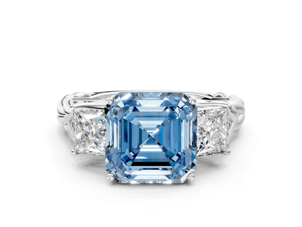White gold Three-Stone Fancy Blue Asscher Cut Diamond Braided Band Ring with Four-Prong Setting