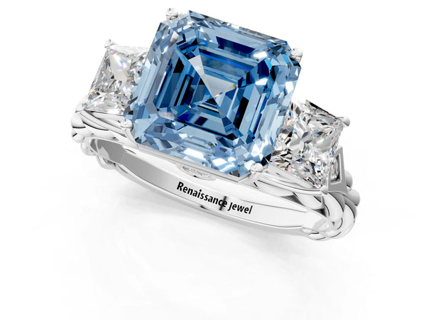 White gold Three-Stone Fancy Blue Asscher Cut Diamond Braided Band Ring with Four-Prong Setting