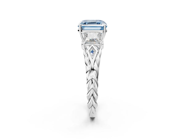 White gold Three-Stone Fancy Blue Asscher Cut Diamond Braided Band Ring with Four-Prong Setting