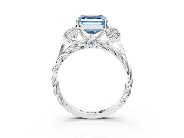 White gold Three-Stone Fancy Blue Asscher Cut Diamond Braided Band Ring with Four-Prong Setting