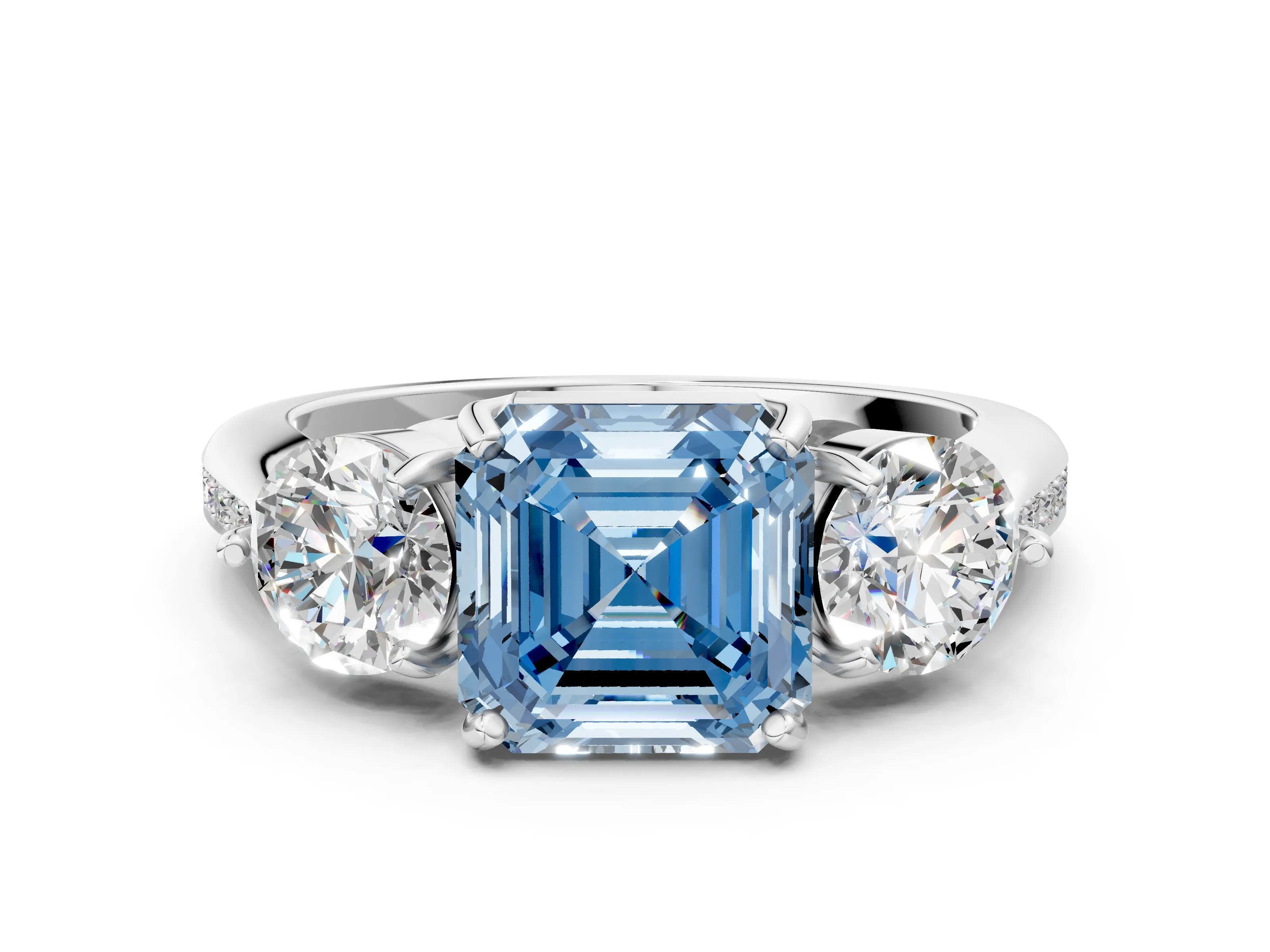 White gold Three-Stone Fancy Blue Asscher Cut Diamond Channel Set Engagement Ring with Prong Setting