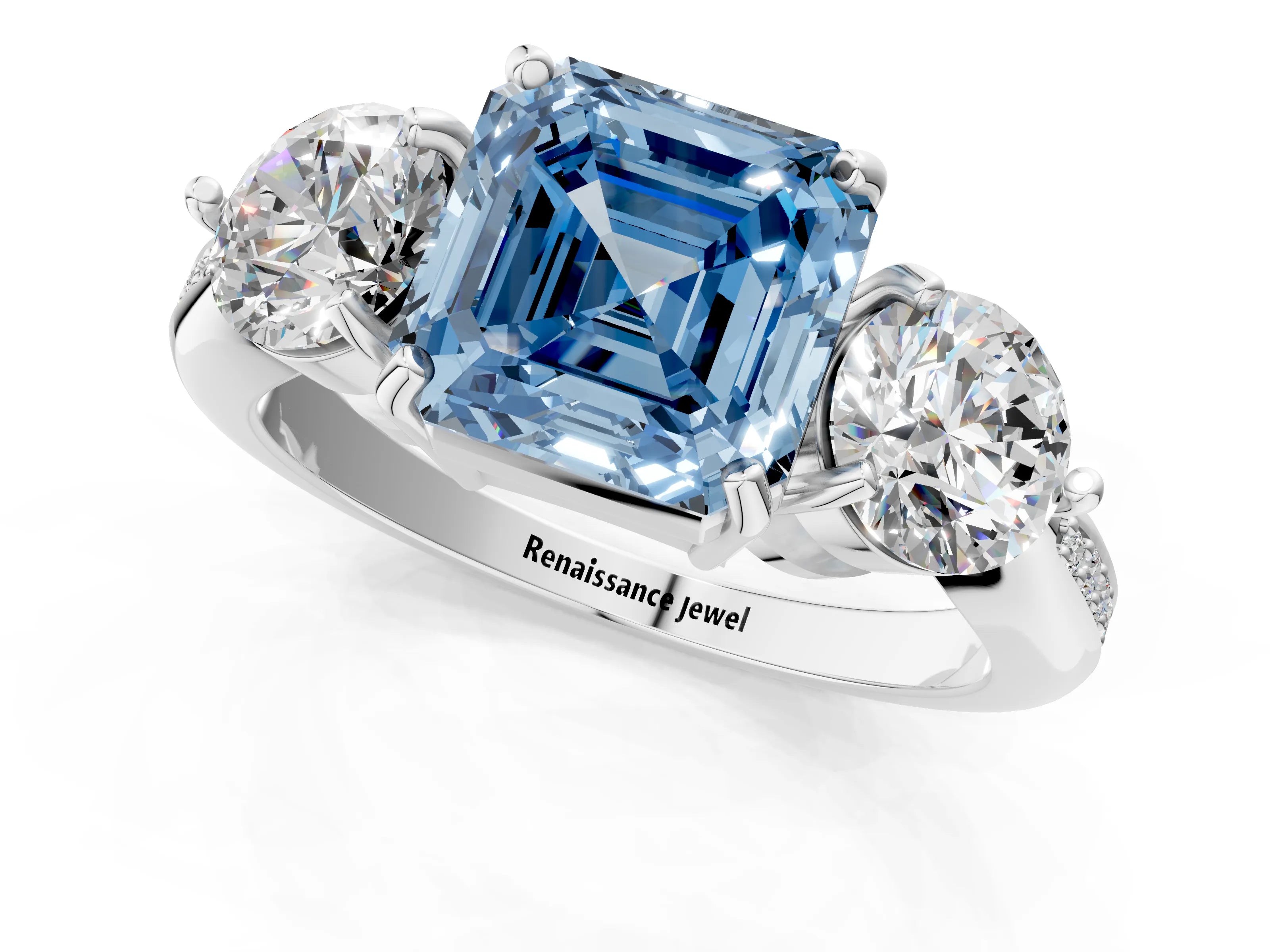 White gold Three-Stone Fancy Blue Asscher Cut Diamond Channel Set Engagement Ring with Prong Setting_1