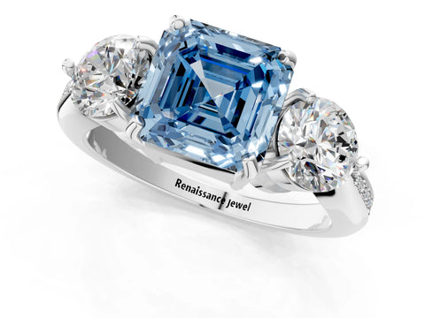 White gold Three-Stone Fancy Blue Asscher Cut Diamond Channel Set Engagement Ring with Prong Setting_1