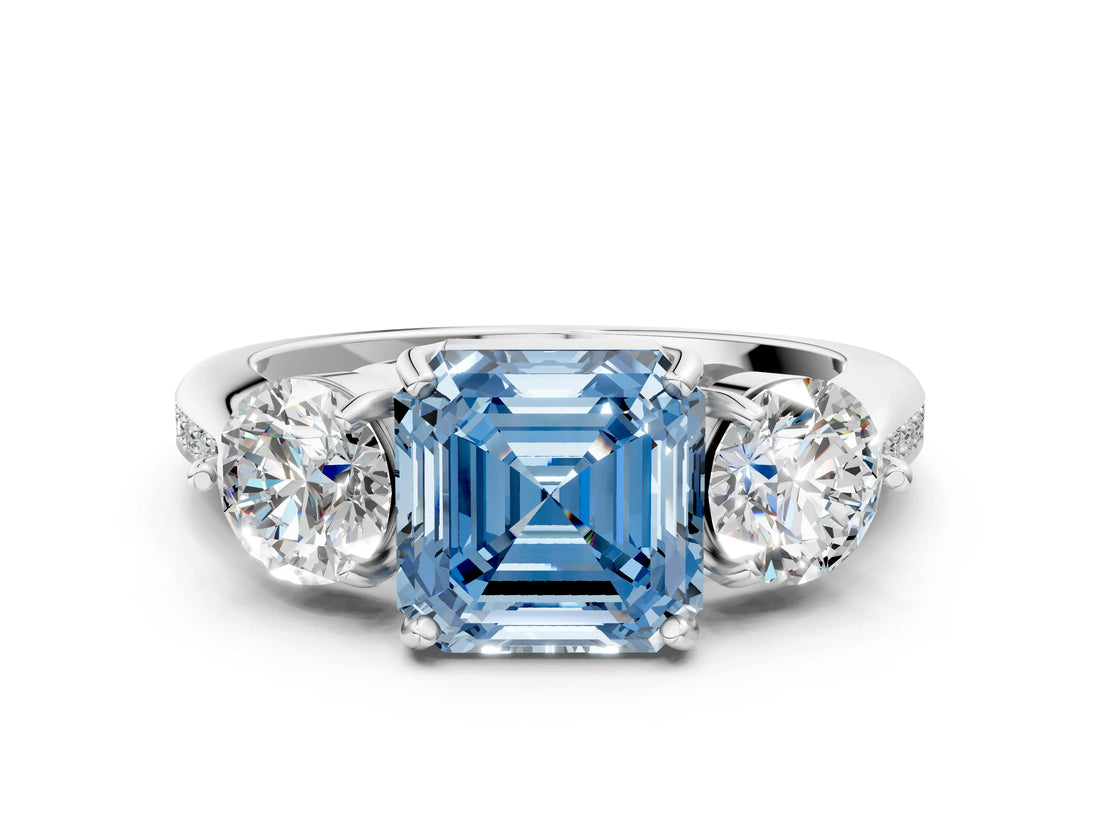White gold Three-Stone Fancy Blue Asscher Cut Diamond Channel Set Engagement Ring with Prong Setting