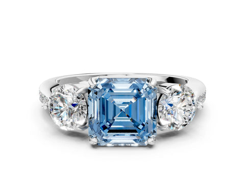 White gold Three-Stone Fancy Blue Asscher Cut Diamond Channel Set Engagement Ring with Prong Setting