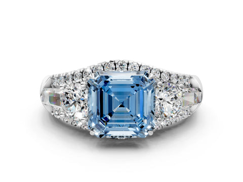 White gold Three-Stone Fancy Blue Asscher Cut Diamond Engagement Ring with Pave Band and Prong Setting_12