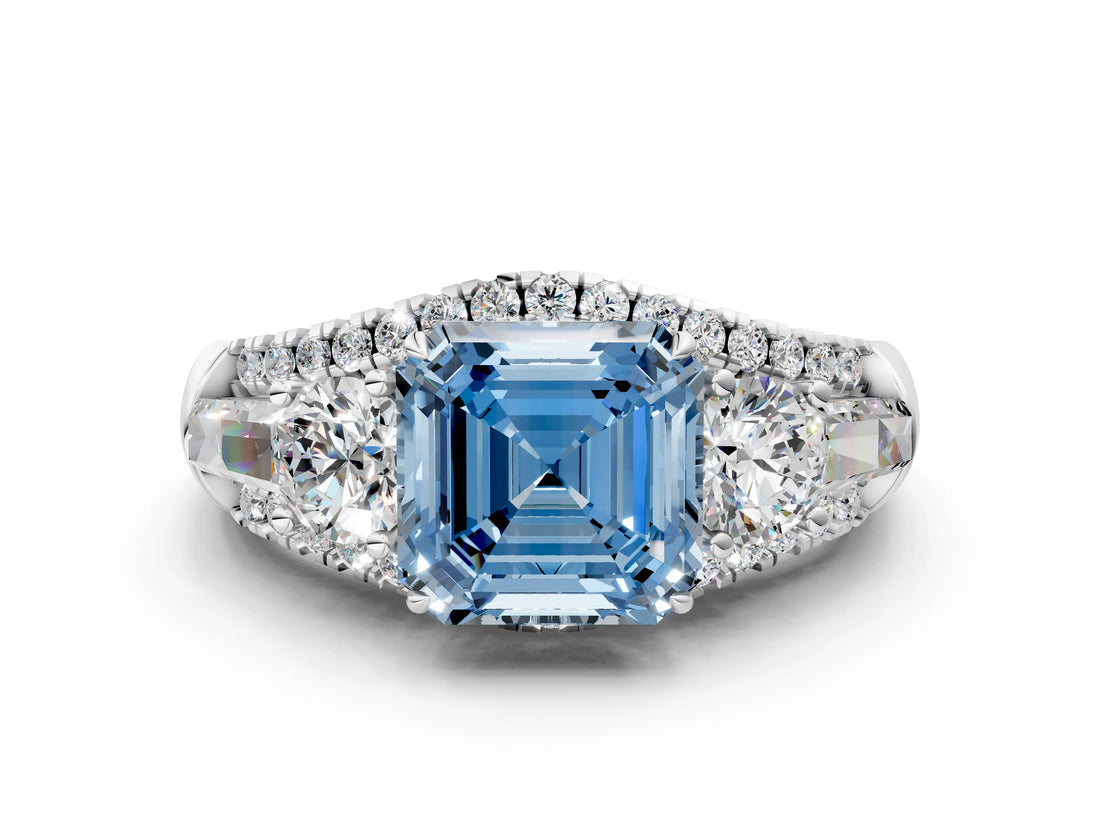 White gold Three-Stone Fancy Blue Asscher Cut Diamond Engagement Ring with Pave Band and Prong Setting_12