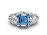 White gold Three-Stone Fancy Blue Asscher Cut Diamond Engagement Ring with Pave Band and Prong Setting_12