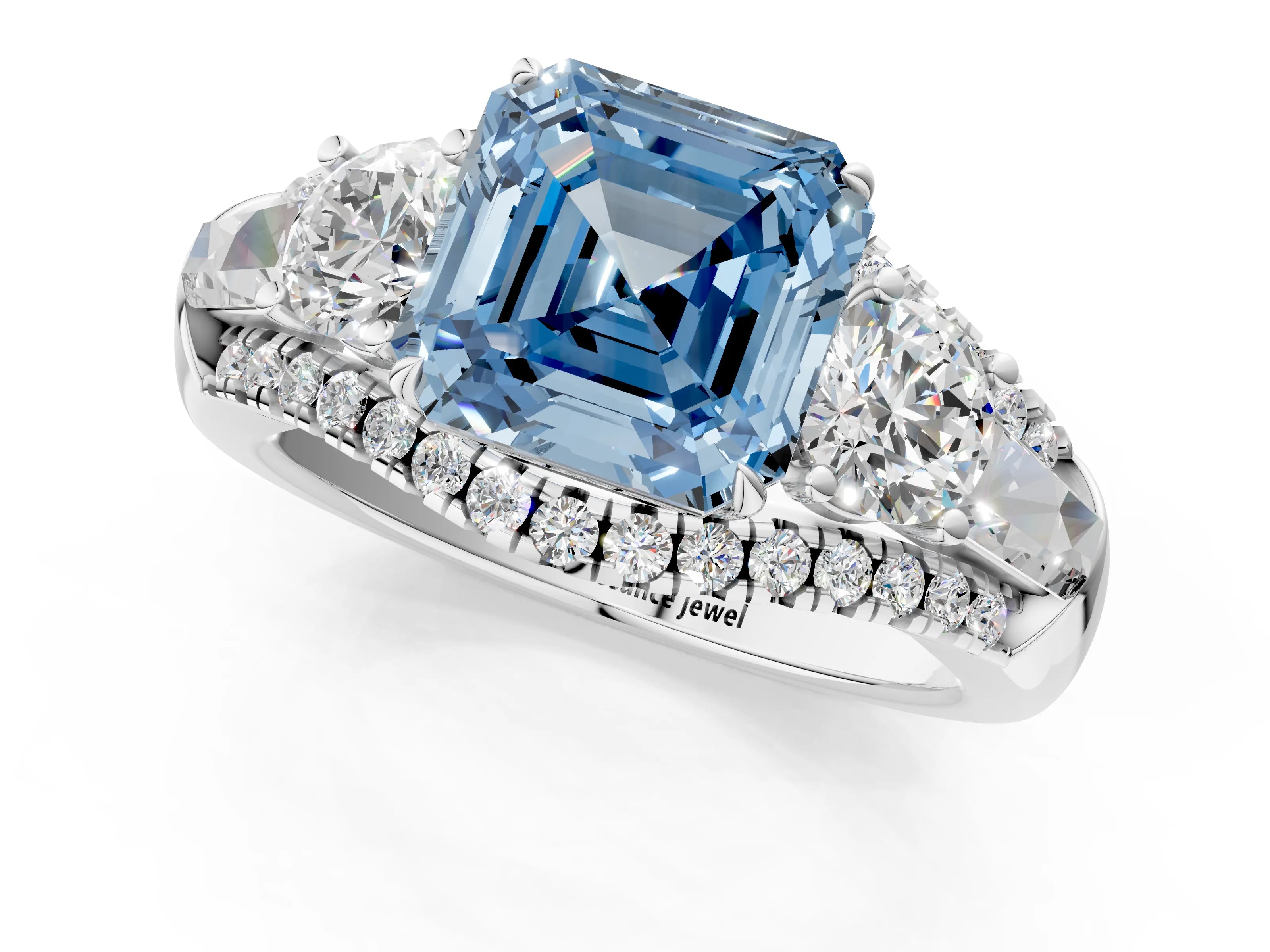 White gold Three-Stone Fancy Blue Asscher Cut Diamond Engagement Ring with Pave Band and Prong Setting_13