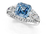 White gold Three-Stone Fancy Blue Asscher Cut Diamond Engagement Ring with Pave Band and Prong Setting_13
