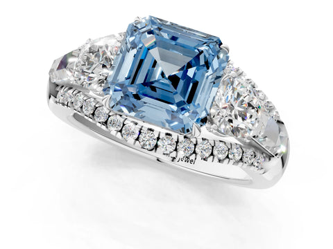 White gold Three-Stone Fancy Blue Asscher Cut Diamond Engagement Ring with Pave Band and Prong Setting_13