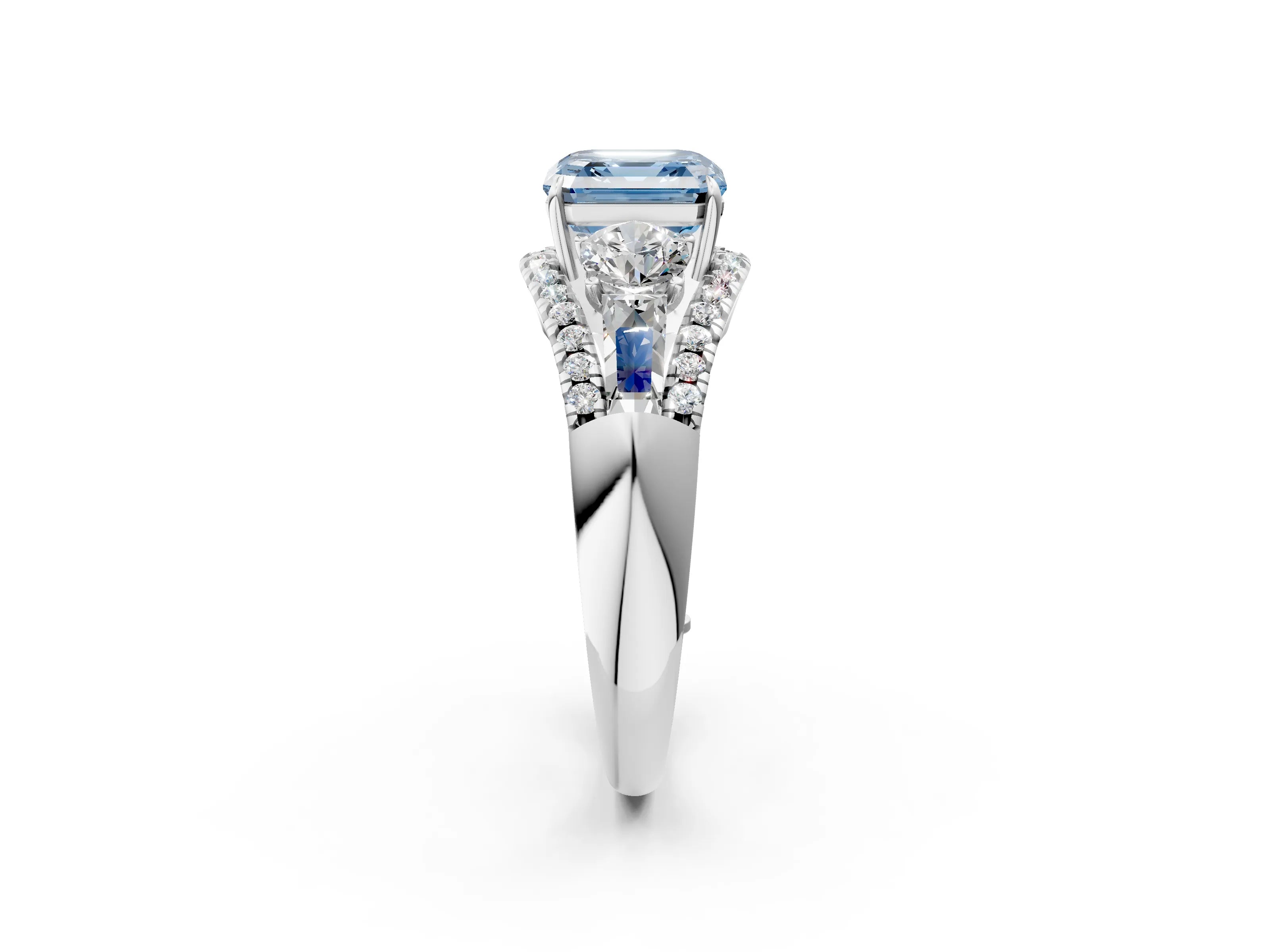 White gold Three-Stone Fancy Blue Asscher Cut Diamond Engagement Ring with Pave Band and Prong Setting_14