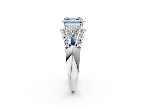 White gold Three-Stone Fancy Blue Asscher Cut Diamond Engagement Ring with Pave Band and Prong Setting_14