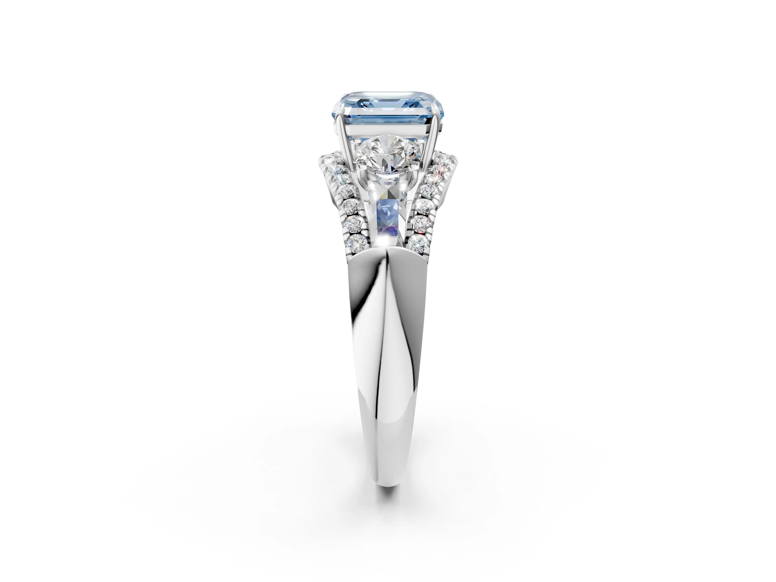 White gold Three-Stone Fancy Blue Asscher Cut Diamond Engagement Ring with Pave Band and Prong Setting_14