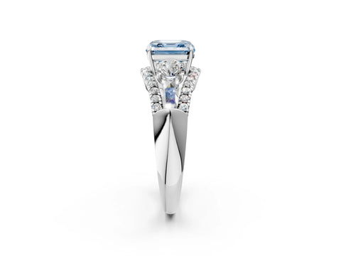 White gold Three-Stone Fancy Blue Asscher Cut Diamond Engagement Ring with Pave Band and Prong Setting_14