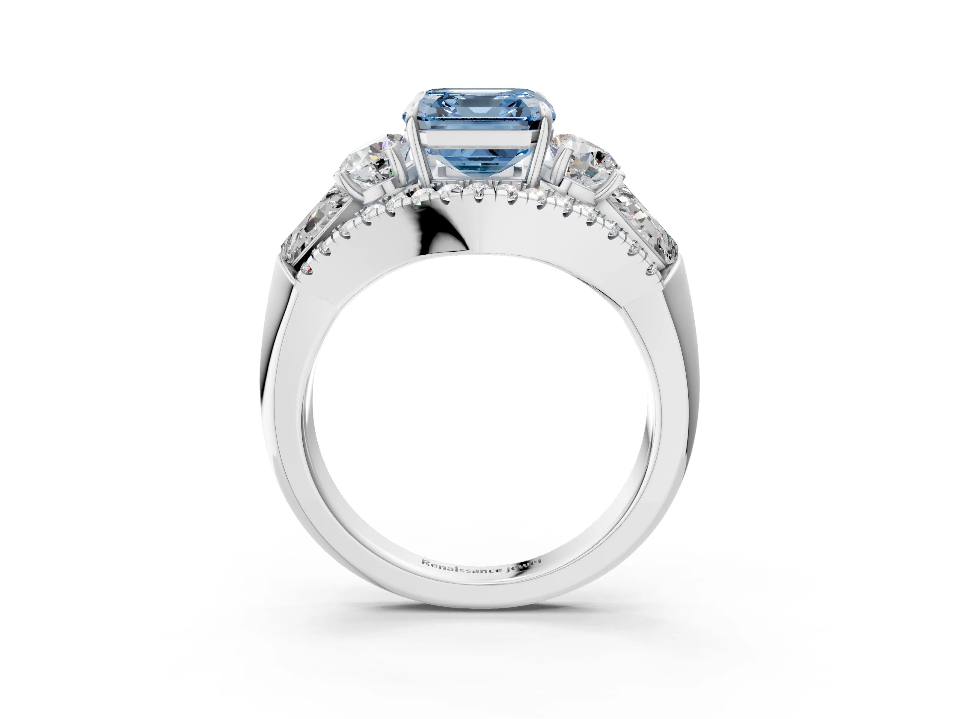 White gold Three-Stone Fancy Blue Asscher Cut Diamond Engagement Ring with Pave Band and Prong Setting_15
