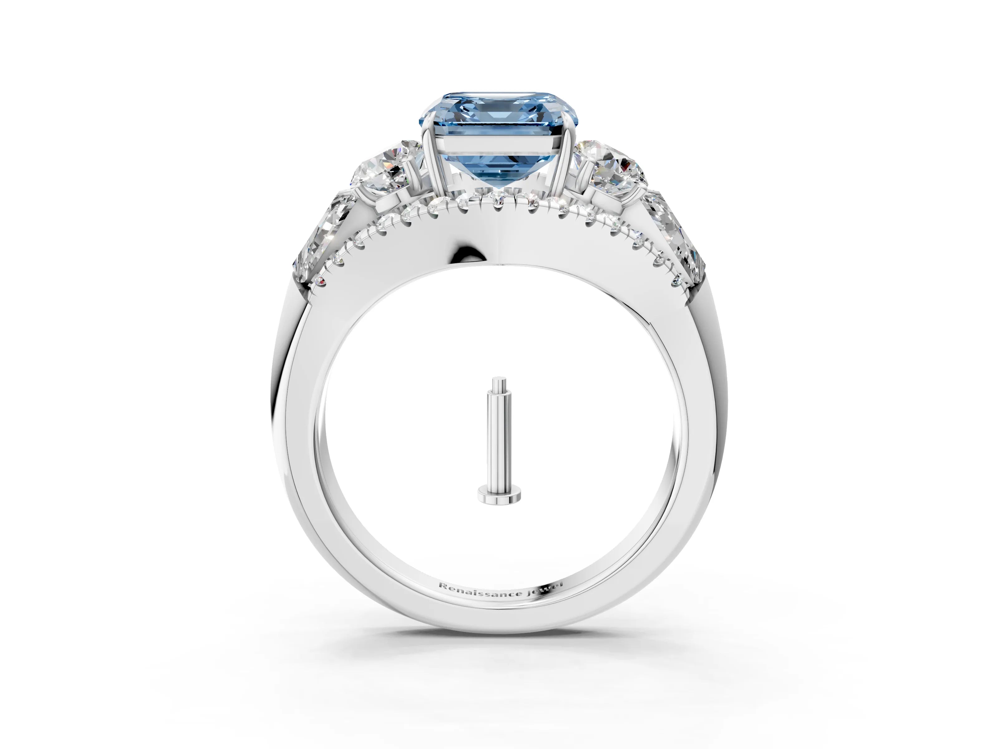 White gold Three-Stone Fancy Blue Asscher Cut Diamond Engagement Ring with Pave Band and Prong Setting_15