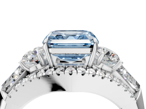 White gold Three-Stone Fancy Blue Asscher Cut Diamond Engagement Ring with Pave Band and Prong Setting_16