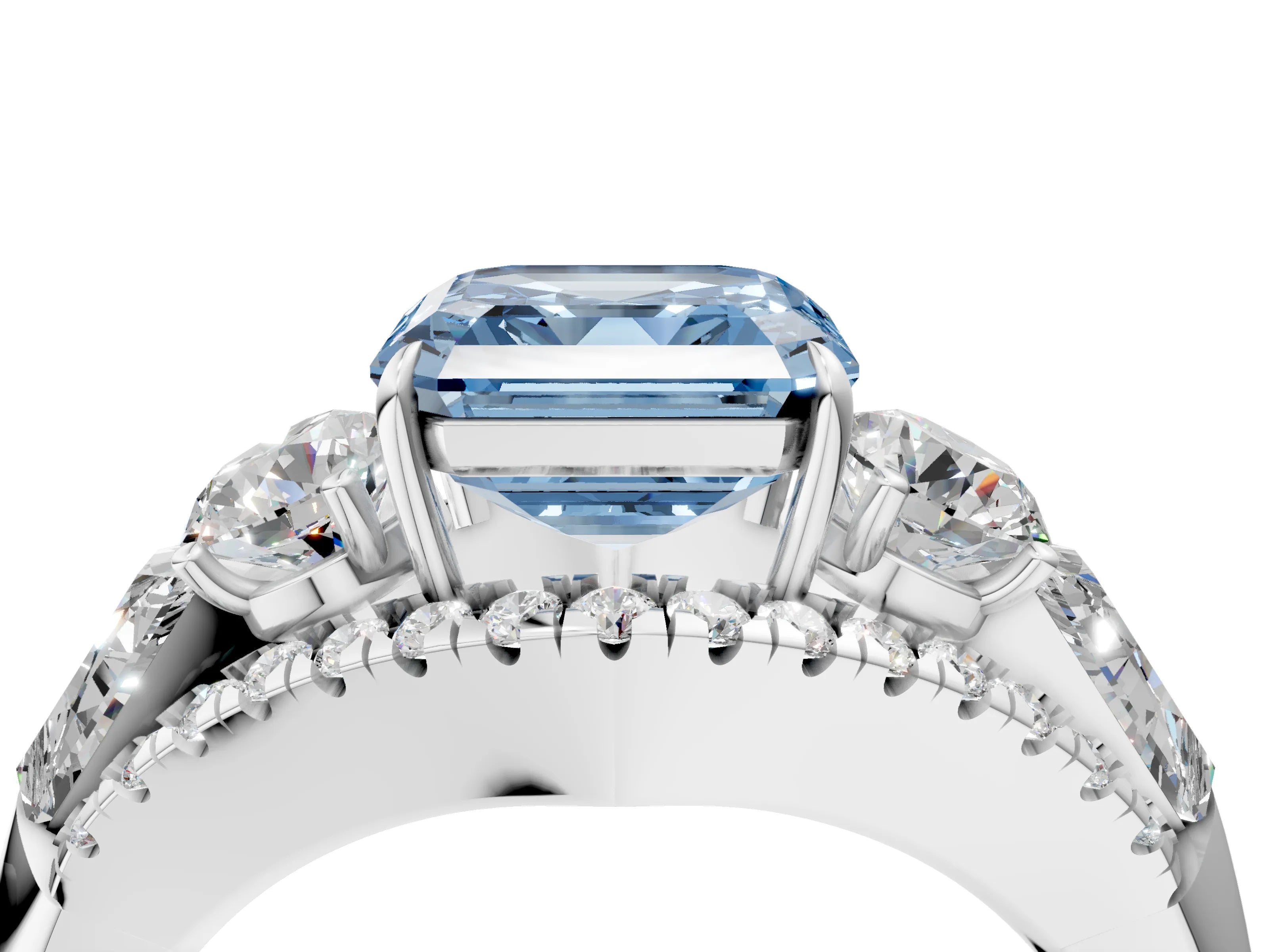 White gold Three-Stone Fancy Blue Asscher Cut Diamond Engagement Ring with Pave Band and Prong Setting_16