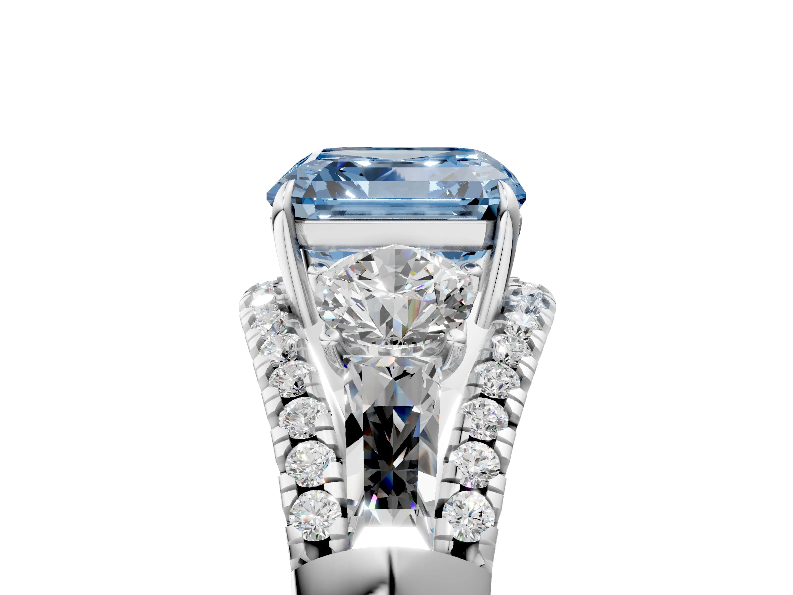 White gold Three-Stone Fancy Blue Asscher Cut Diamond Engagement Ring with Pave Band and Prong Setting_17