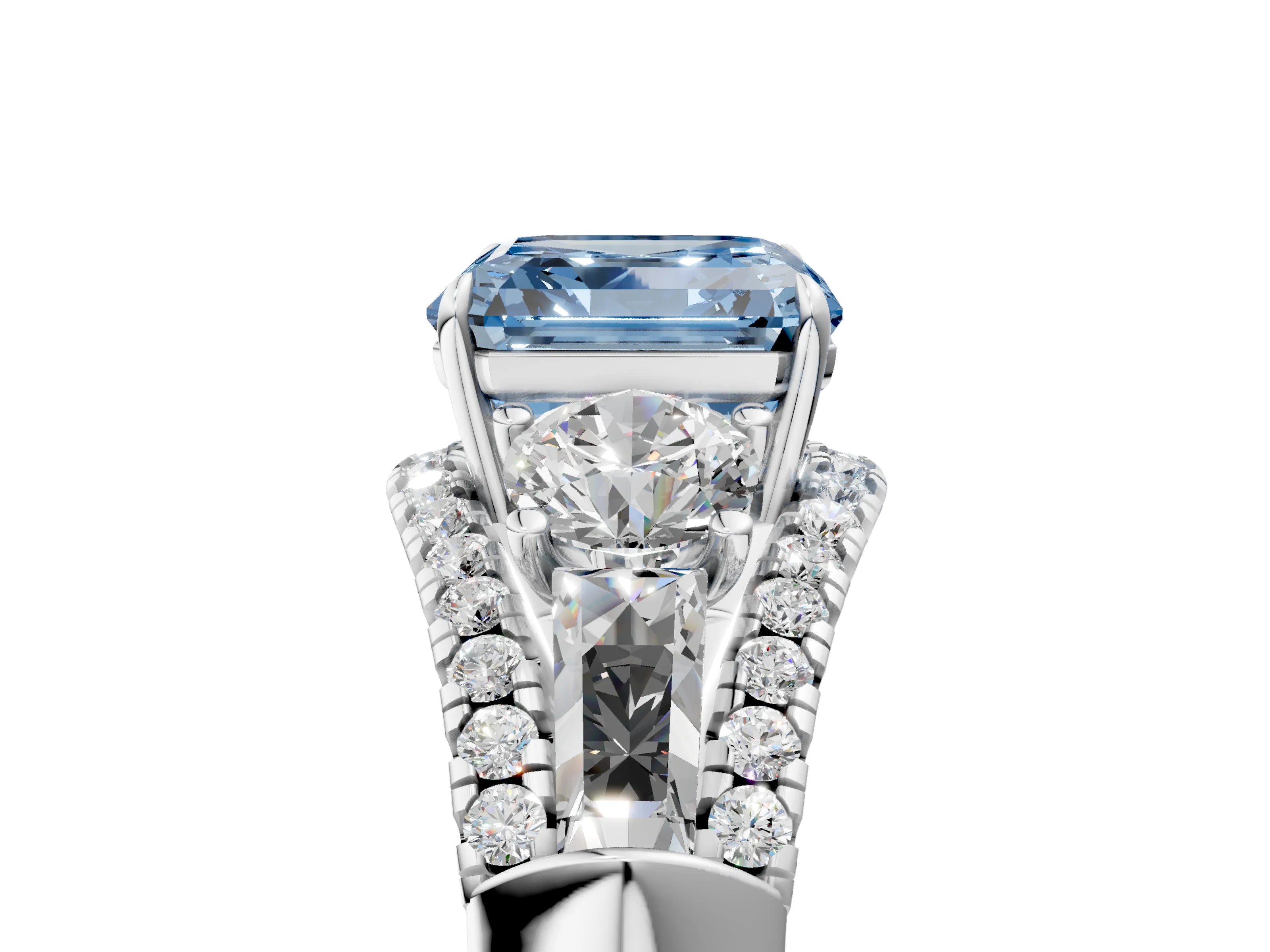 White gold Three-Stone Fancy Blue Asscher Cut Diamond Engagement Ring with Pave Band and Prong Setting_17