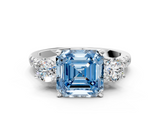 White gold Three-Stone Fancy Blue Asscher  Cut Diamond Pavé Band with Four-Prong Setting