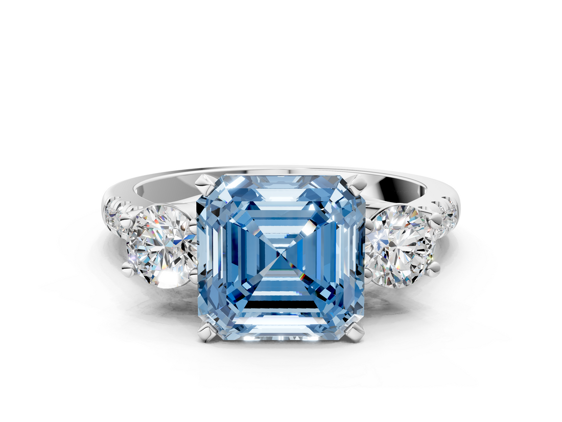 White gold Three-Stone Fancy Blue Asscher  Cut Diamond Pavé Band with Four-Prong Setting