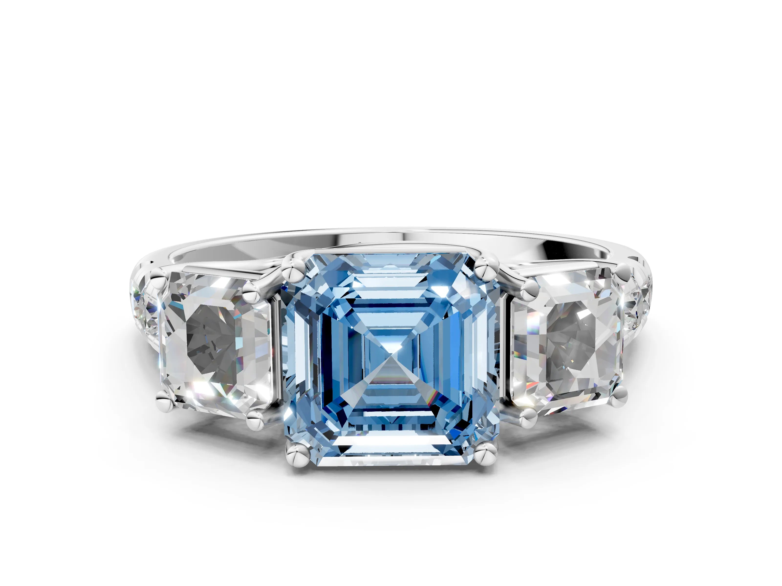 White gold Three-Stone Fancy Blue Asscher Cut Diamond Pavé Band with Prong Setting_12