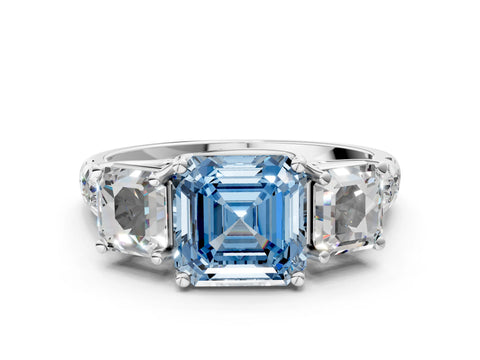 White gold Three-Stone Fancy Blue Asscher Cut Diamond Pavé Band with Prong Setting_12