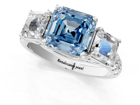 White gold Three-Stone Fancy Blue Asscher Cut Diamond Pavé Band with Prong Setting_13