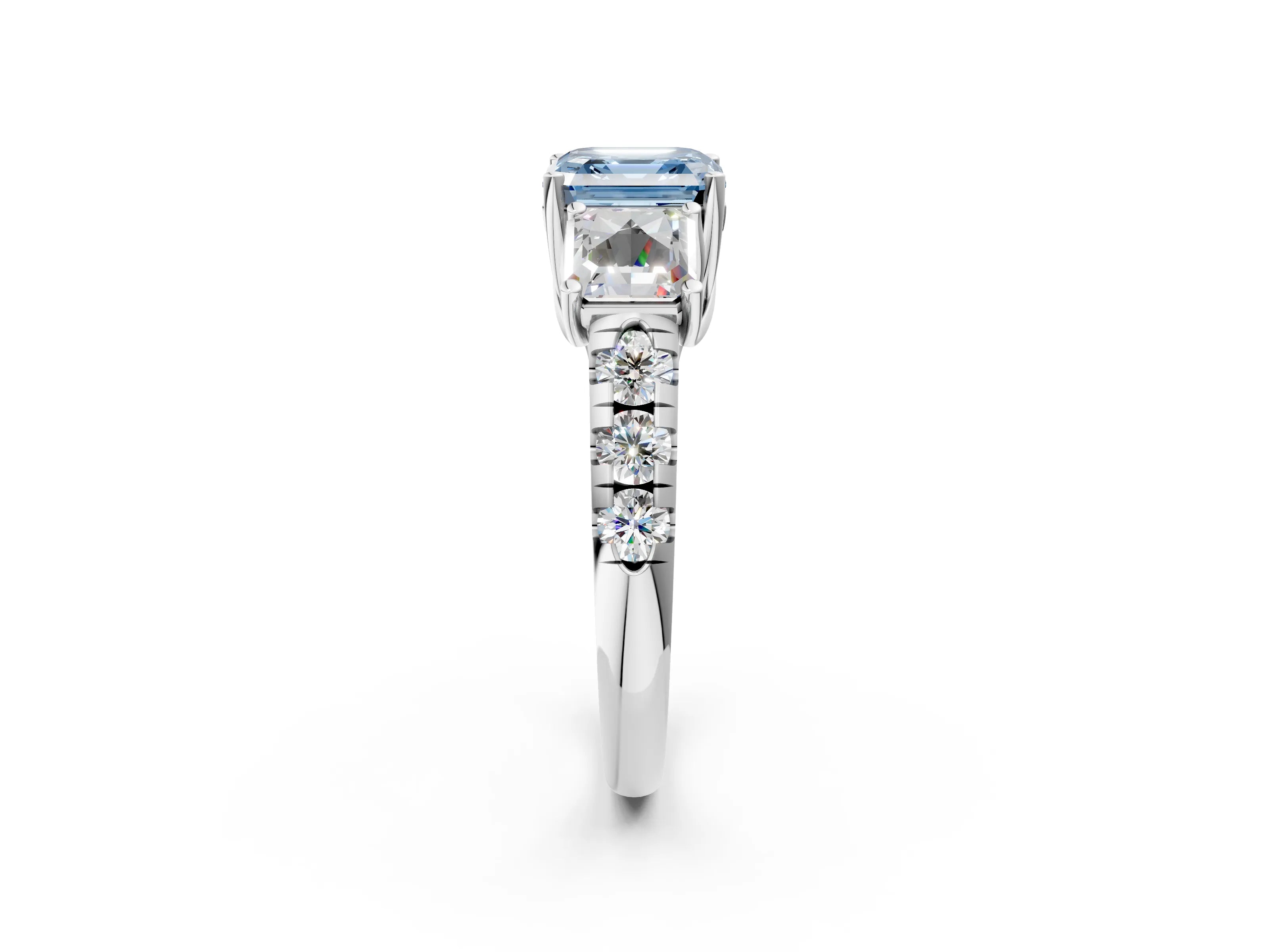 White gold Three-Stone Fancy Blue Asscher Cut Diamond Pavé Band with Prong Setting_14