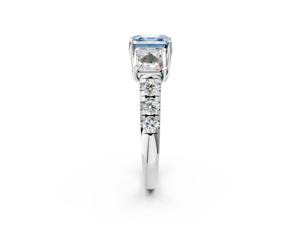 White gold Three-Stone Fancy Blue Asscher Cut Diamond Pavé Band with Prong Setting