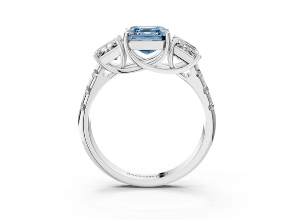 White gold Three-Stone Fancy Blue Asscher Cut Diamond Pavé Band with Prong Setting