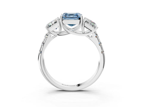 White gold Three-Stone Fancy Blue Asscher Cut Diamond Pavé Band with Prong Setting_15