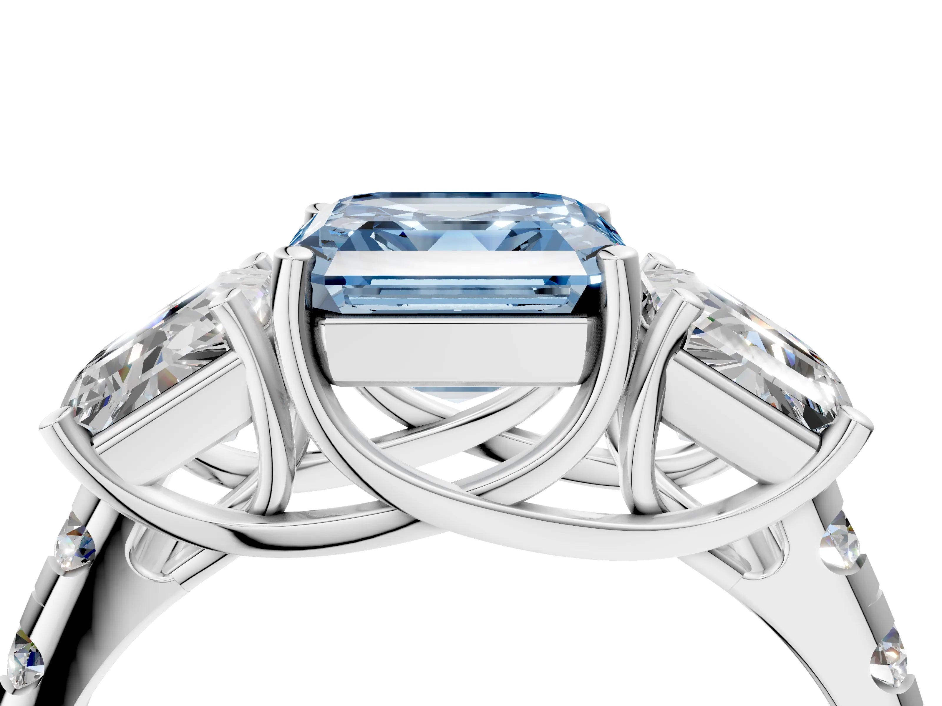 White gold Three-Stone Fancy Blue Asscher Cut Diamond Pavé Band with Prong Setting_16