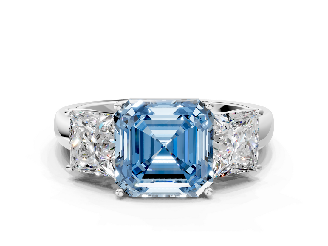 White gold Three-Stone Fancy Blue Asscher  Cut Diamond Ring with Channel-Set Band and Four-Prong Setting_17