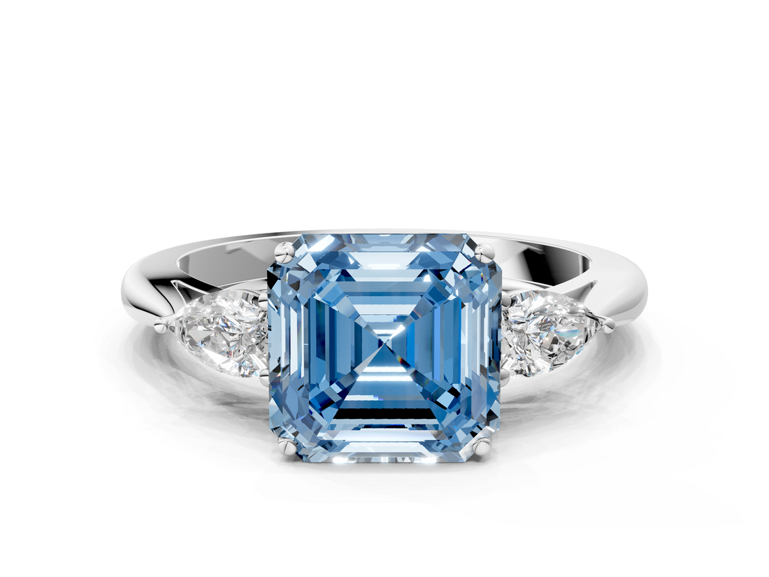 White gold Three-Stone Fancy Blue Asscher  Cut Diamond Ring with Pear Side Stones in Four-Prong Setting_17
