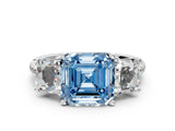 White gold Three-Stone Fancy Blue Asscher Cut Diamond Ring with Round  Pavé Band and Prong Setting_159