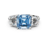 White gold Three-Stone Fancy Blue Asscher Cut Diamond Ring with Round  Pavé Band and Prong Setting_26
