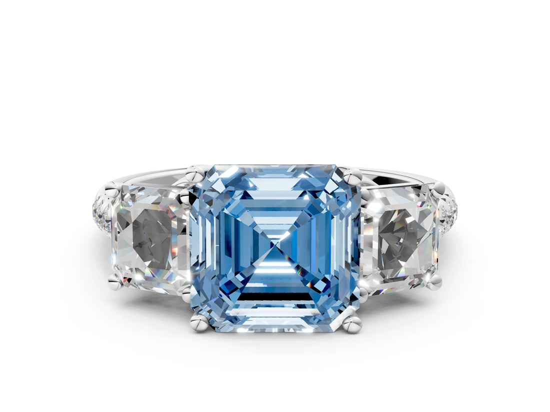 White gold Three-Stone Fancy Blue Asscher Cut Diamond Ring with Round  Pavé Band and Prong Setting_54