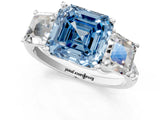 White gold Three-Stone Fancy Blue Asscher Cut Diamond Ring with Round  Pavé Band and Prong Setting_55
