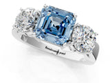 White gold Three-Stone Fancy Blue Asscher Cut Diamond Ring with Round Side Stones, Classic Band, and Four-Prong Setting_1