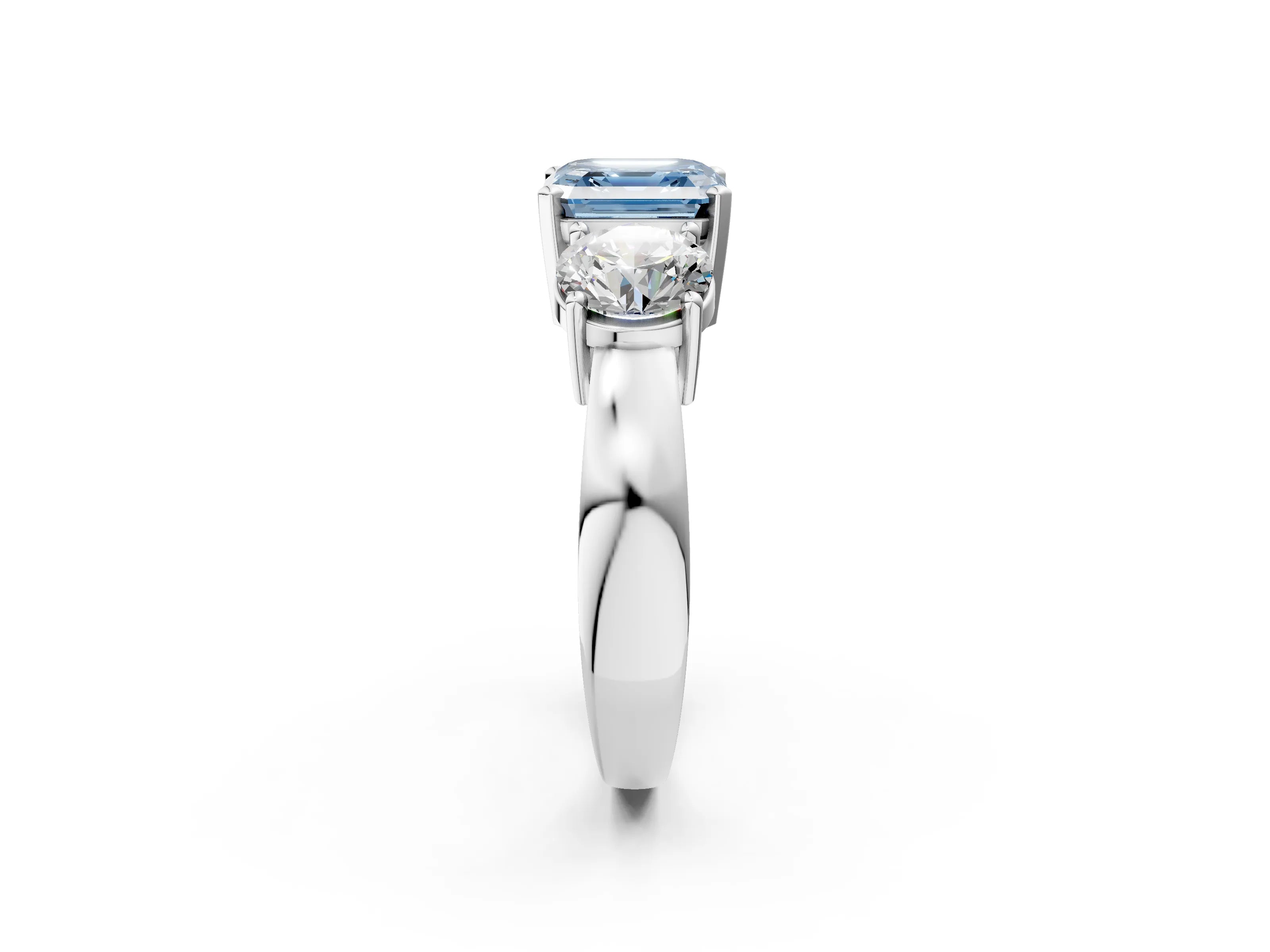 White gold Three-Stone Fancy Blue Asscher Cut Diamond Ring with Round Side Stones, Classic Band, and Four-Prong Setting_2
