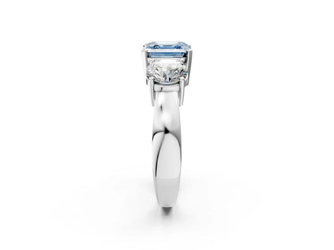 White gold Three-Stone Fancy Blue Asscher Cut Diamond Ring with Round Side Stones, Classic Band, and Four-Prong Setting_2