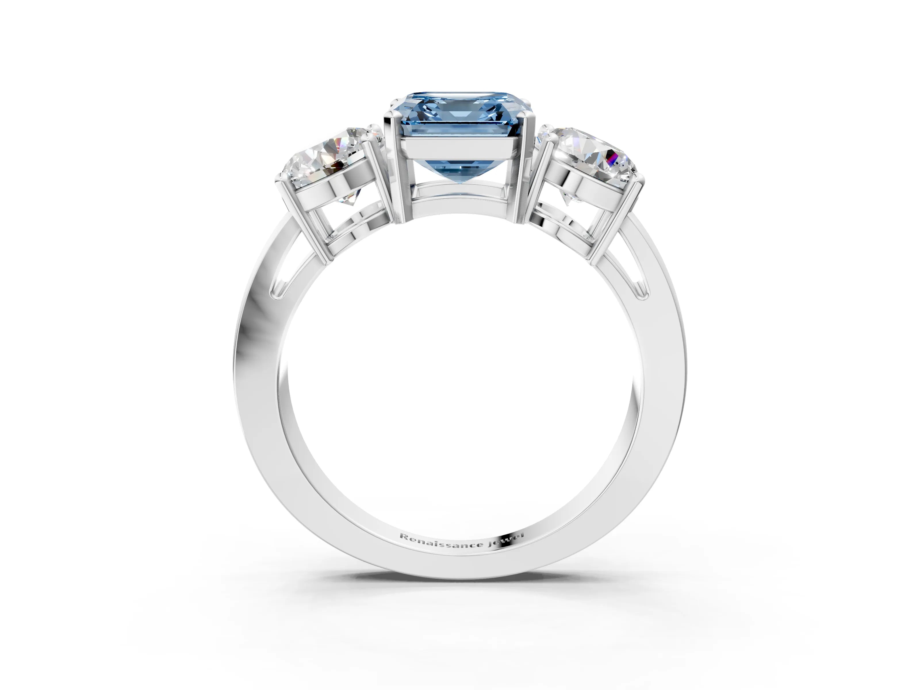 White gold Three-Stone Fancy Blue Asscher Cut Diamond Ring with Round Side Stones, Classic Band, and Four-Prong Setting_3
