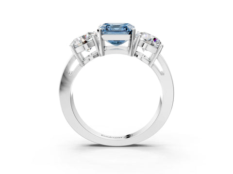 White gold Three-Stone Fancy Blue Asscher Cut Diamond Ring with Round Side Stones, Classic Band, and Four-Prong Setting_3